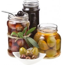 Olives in glass bottle